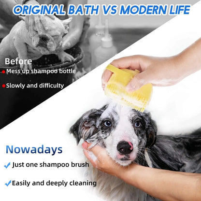 Escova de Banho para Cães e Gatos com Dispensador de Champô 80ml | Silicone Macio para Limpeza e Massagem