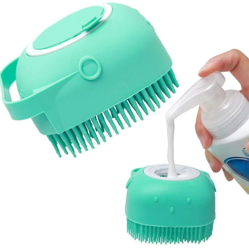 Escova de Banho para Cães e Gatos com Dispensador de Champô 80ml | Silicone Macio para Limpeza e Massagem