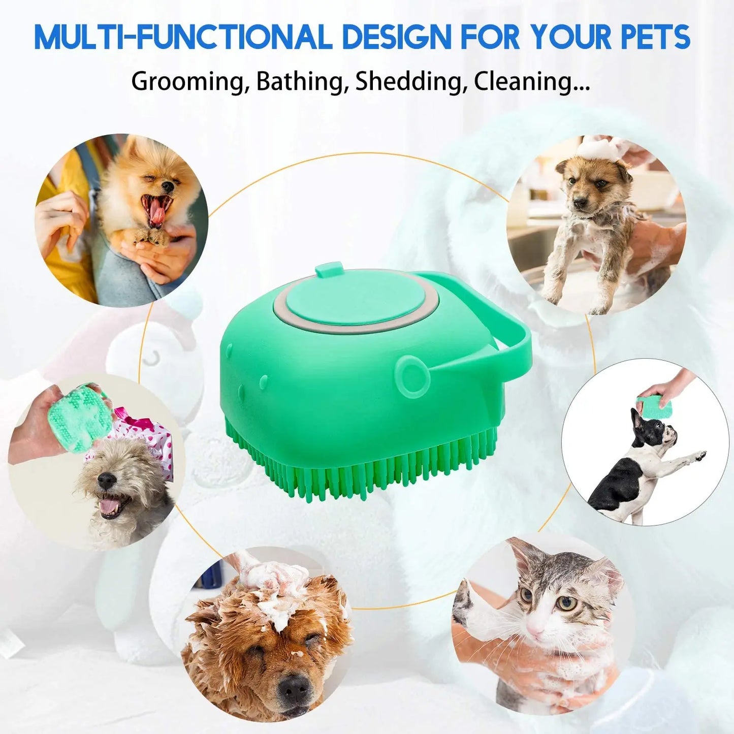 Escova de Banho para Cães e Gatos com Dispensador de Champô 80ml | Silicone Macio para Limpeza e Massagem