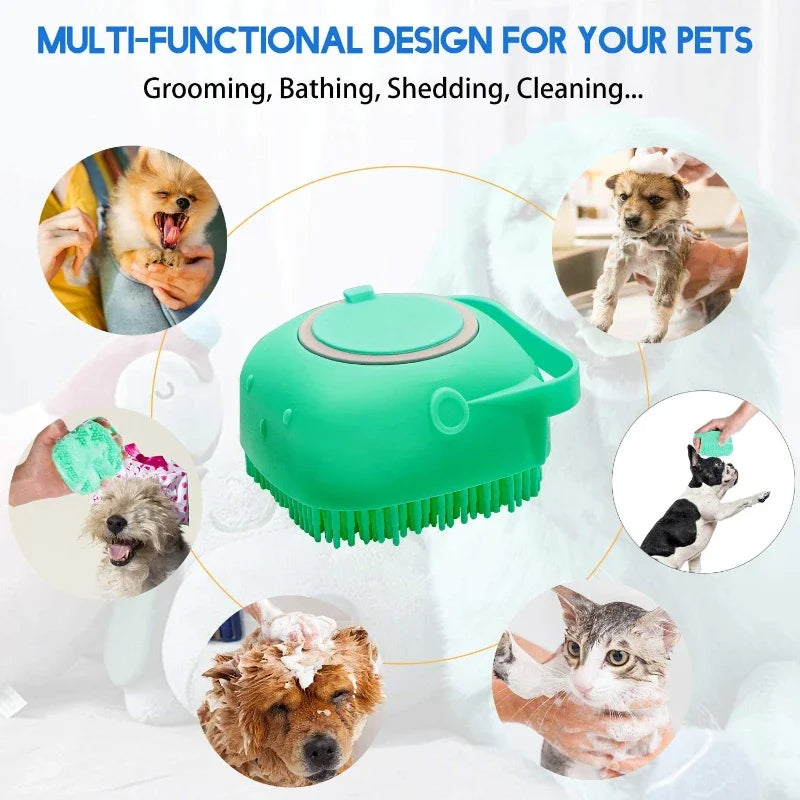 Escova de Banho para Cães e Gatos com Dispensador de Champô 80ml | Silicone Macio para Limpeza e Massagem